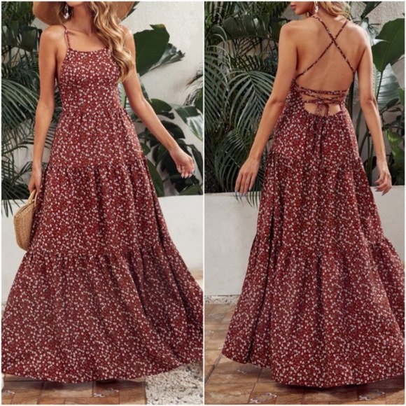 BellanBlue Dresses & Skirts - Boho Floral Lace up Criss Cross Back Maxi Dress